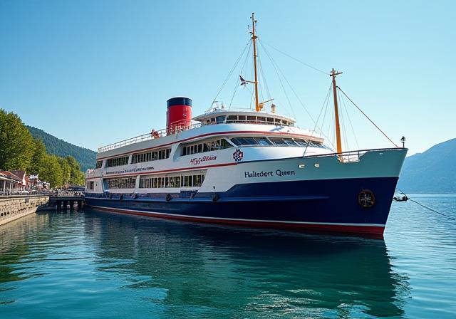 Die MS 'Hallstatt Queen', ein großes Ausflugsschiff, am Anleger.
