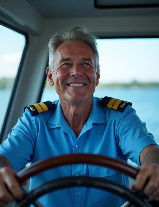 Ein erfahrener Kapitän navigiert das Schiff mit einem Lächeln, den Blick auf den Horizont gerichtet.