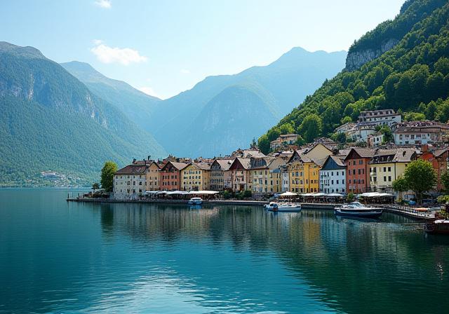 Der ikonische Blick auf das malerische Ufer von Hallstatt mit seinen historischen Häusern, vom Wasser aus betrachtet.
