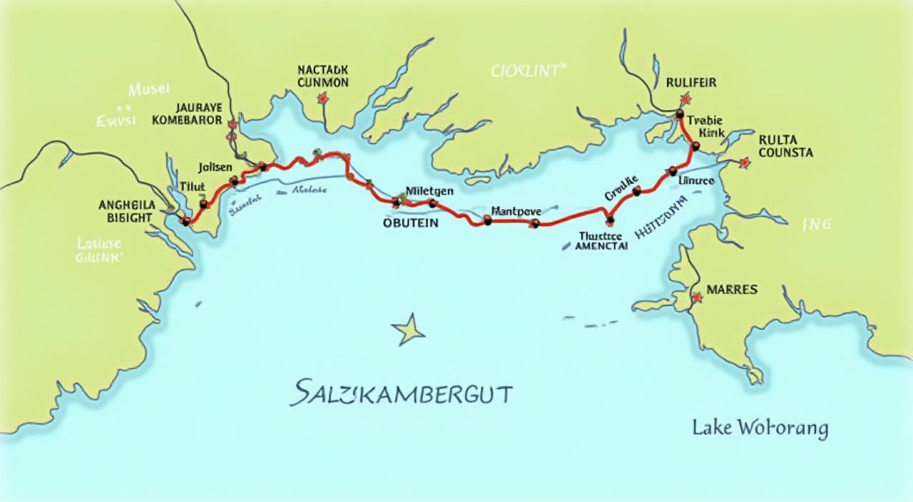 Eine illustrierte Karte des Salzkammerguts mit eingezeichneten Schiffsrouten auf dem Hallstätter See und Wolfgangsee.